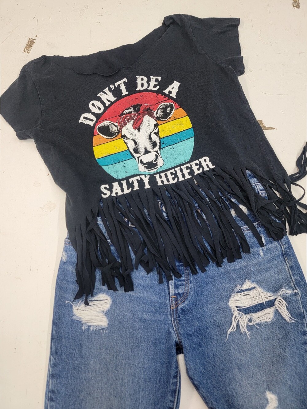 Graphic Fringe Tee - "Don't Be a Salty Heifer" - Black